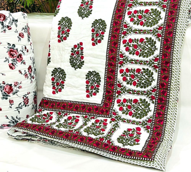 Indian Block Print King Size Reversible Hand Quilted Comforter in Red