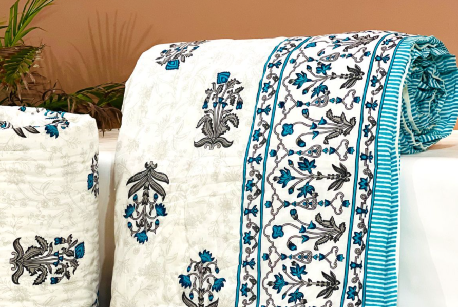 Indian Block Print King Size Reversible Hand Quilted Comforter in Royal blue