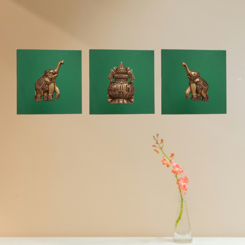 Brass Kalash with Elephants – Handpainted Wooden Wall Frame | Traditional Indian Wall Décor