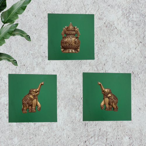 Brass Kalash with Elephants – Handpainted Wooden Wall Frame | Traditional Indian Wall Décor