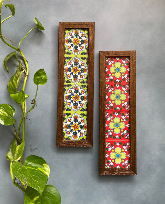 Handpainted  bluepottery tiles wooden like wall frame in a set of five.