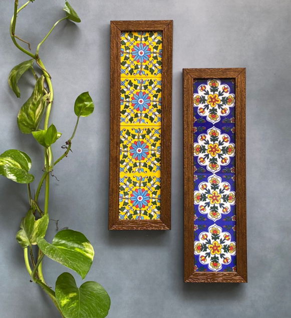 Handpainted  bluepottery tiles wooden like wall frame in a set of five.