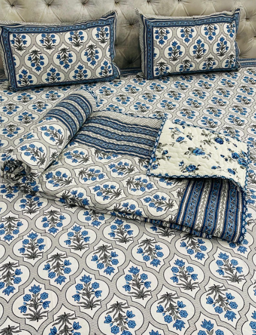 Set of 4pc Block Print King Size Bedding Set Series - D2