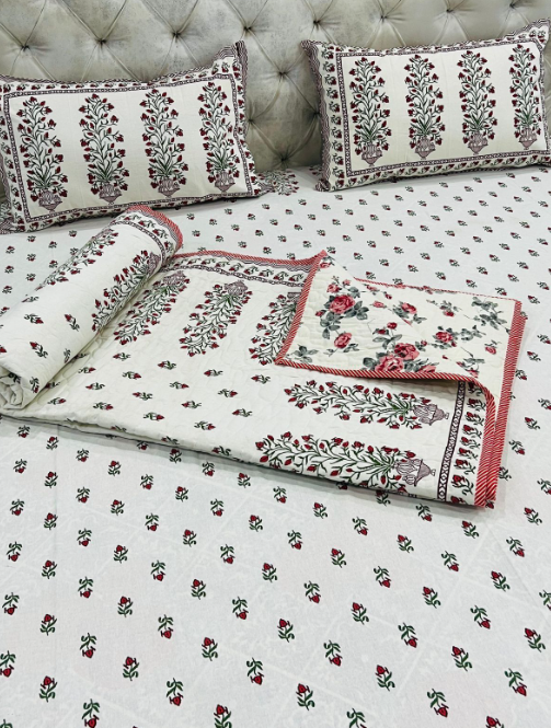 Set of 4pc Block Print King Size Bedding Set Series - D2