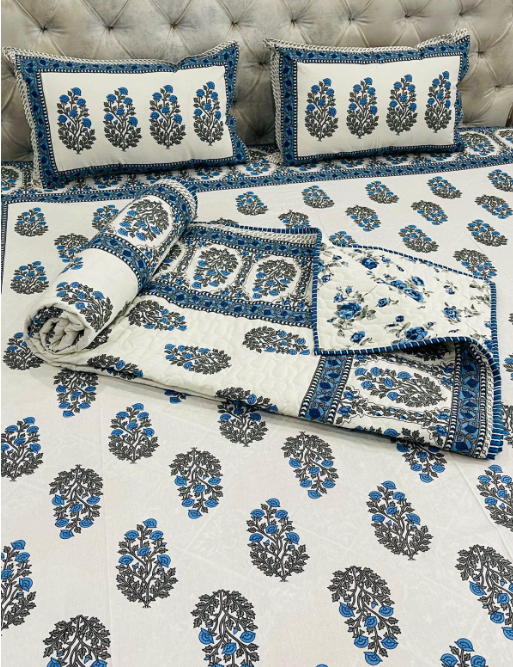 Set of 4pc Block Print King Size Bedding Set Series - D2