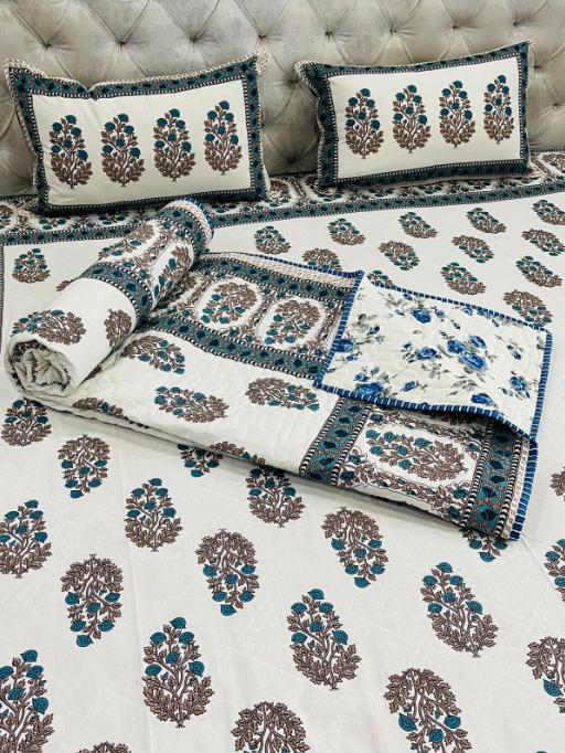 Set of 4pc Block Print King Size Bedding Set Series - D2