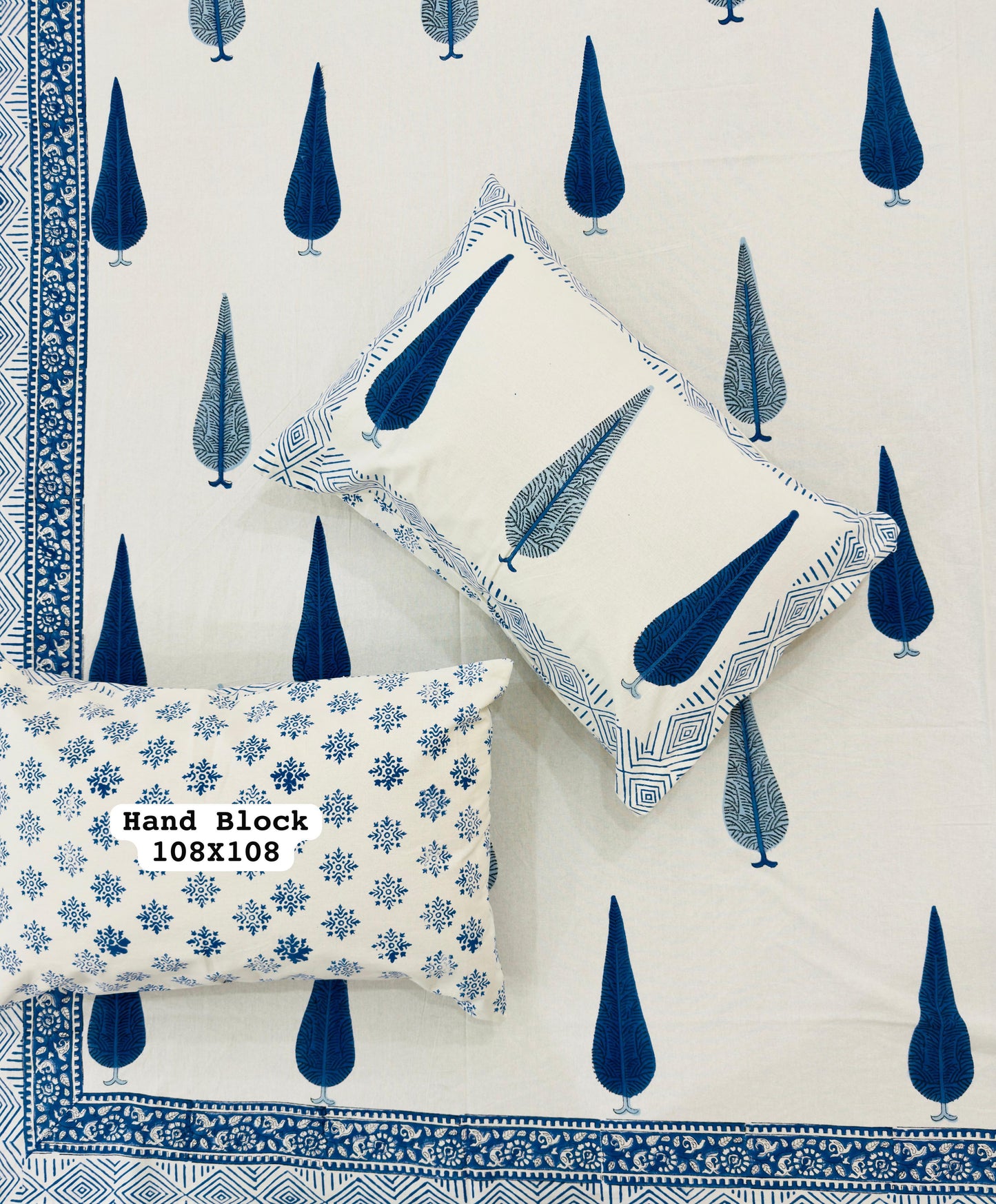 King Size Block Print Bed Linen with 2 pillow covers - BLue