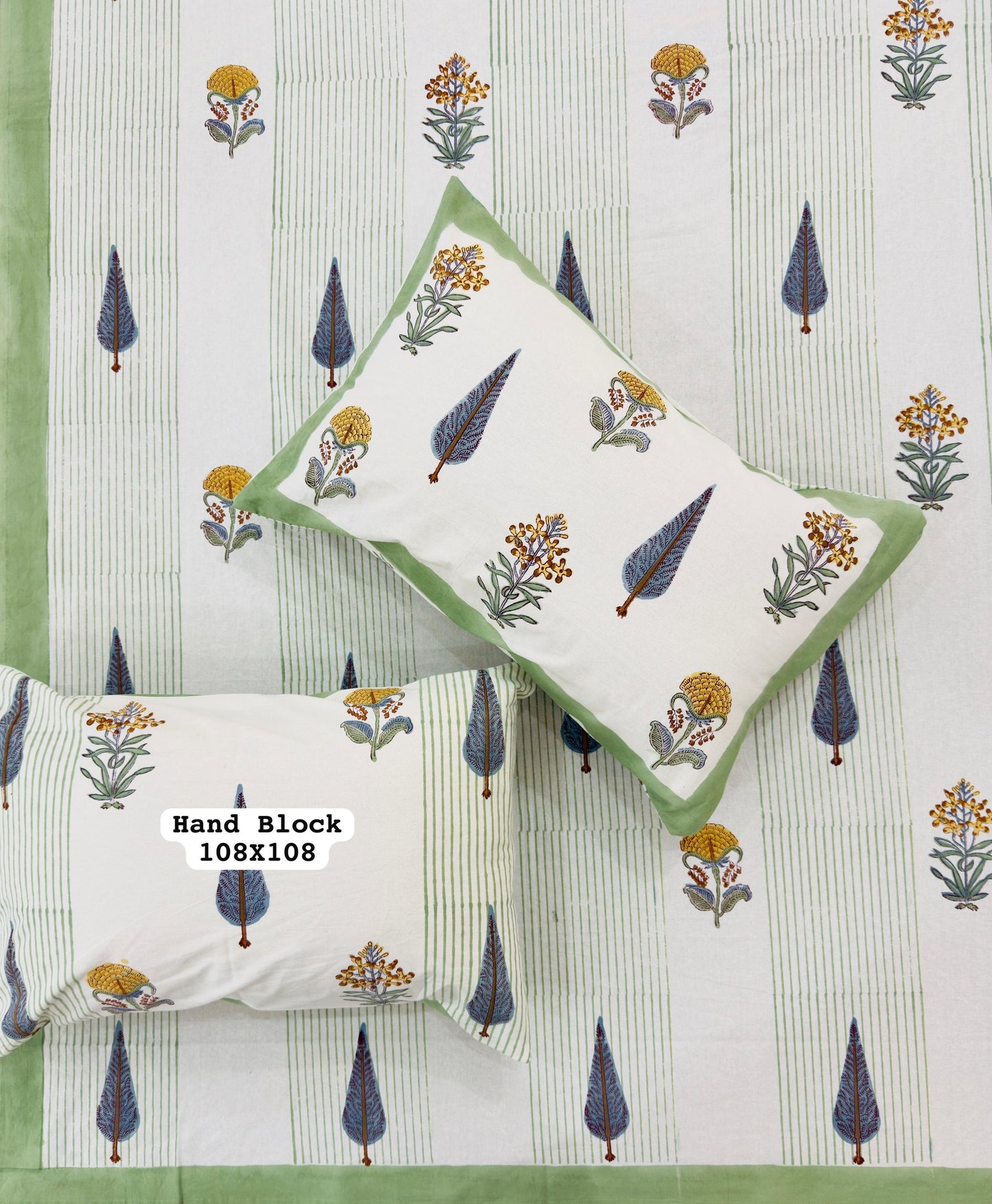 King Size Block Print Bed Linen with 2 pillow covers - Pink color with yellow flowers