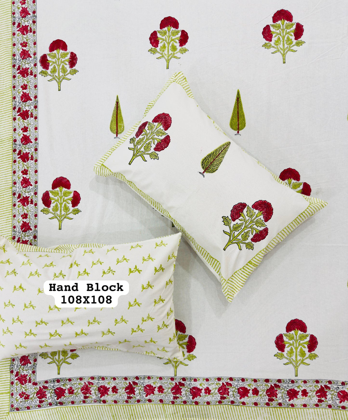 King Size Block Print Bed Linen with 2 pillow covers - green border