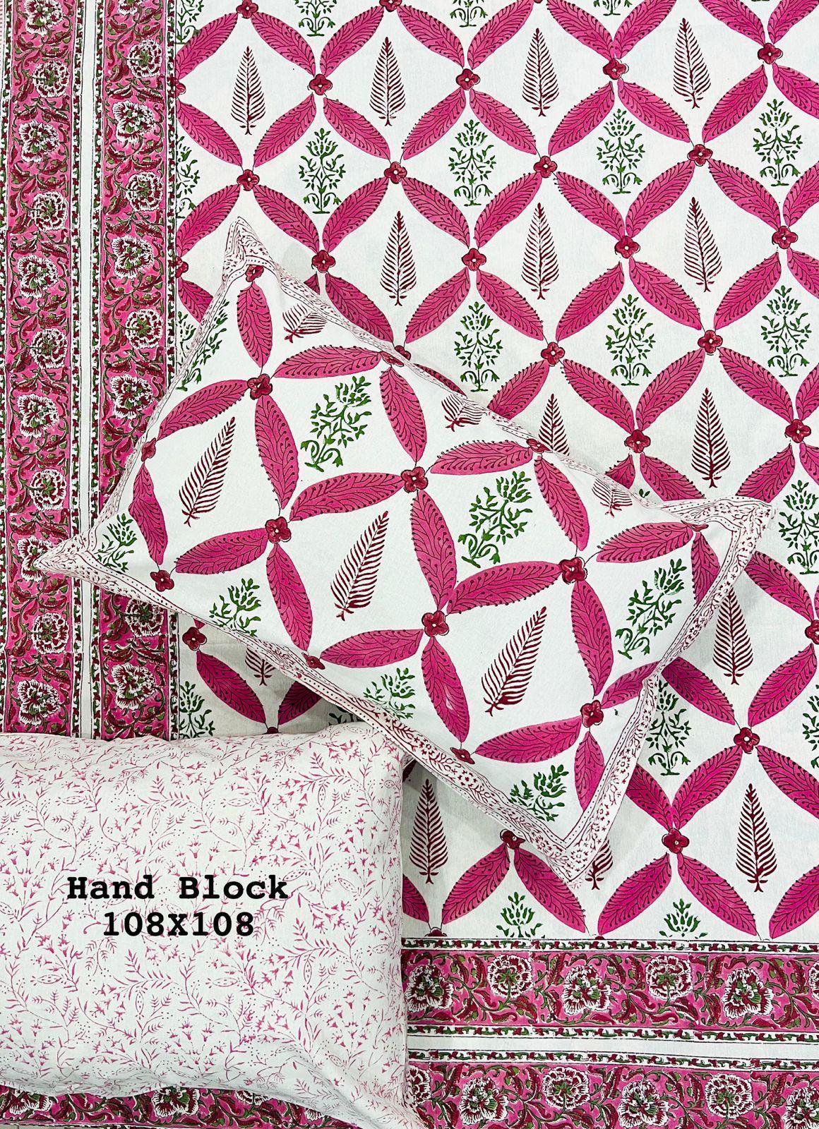 King Size Block Print BedSheet with 2 pillow covers in pink