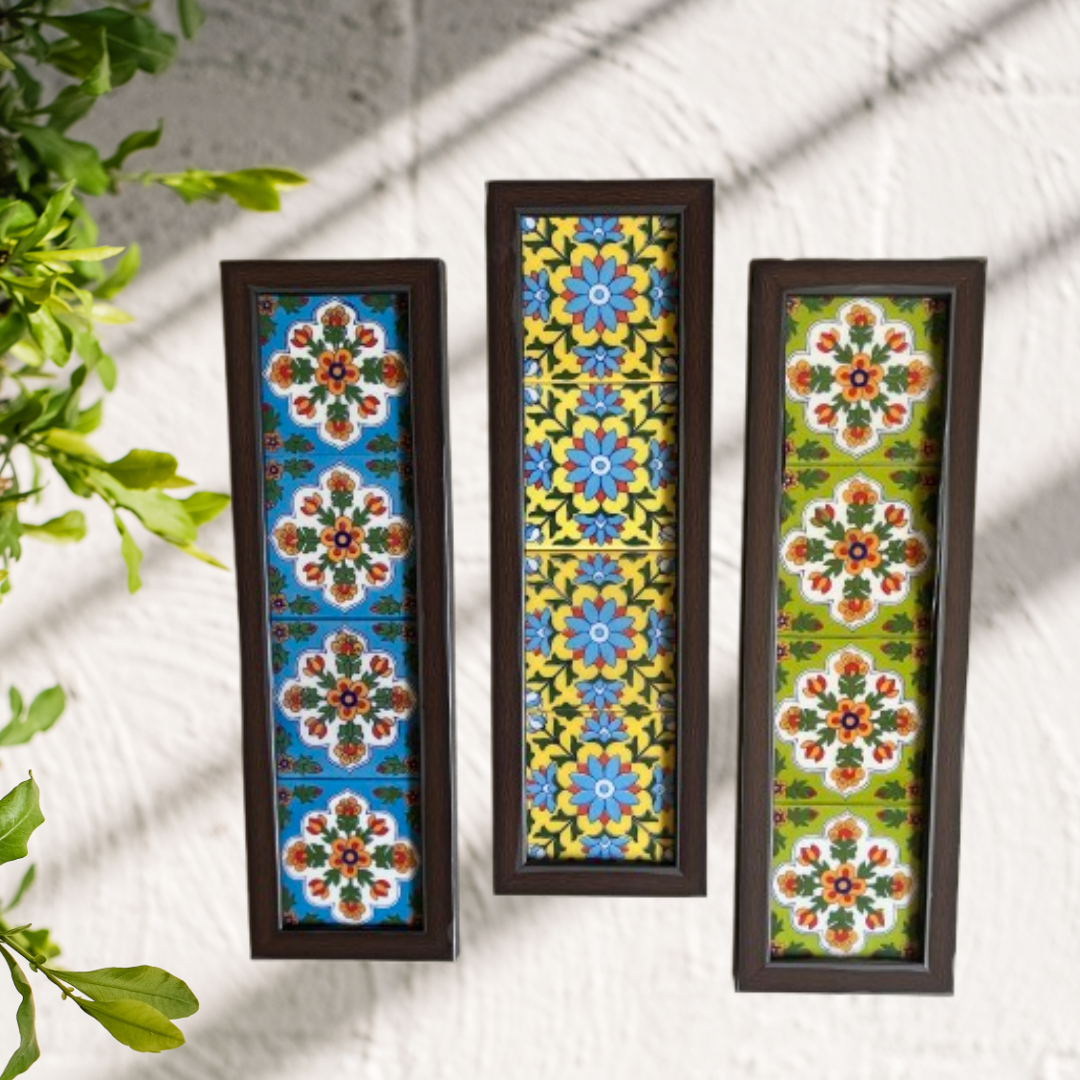 Handpainted  bluepottery tiles wooden like wall frame in a set of three.