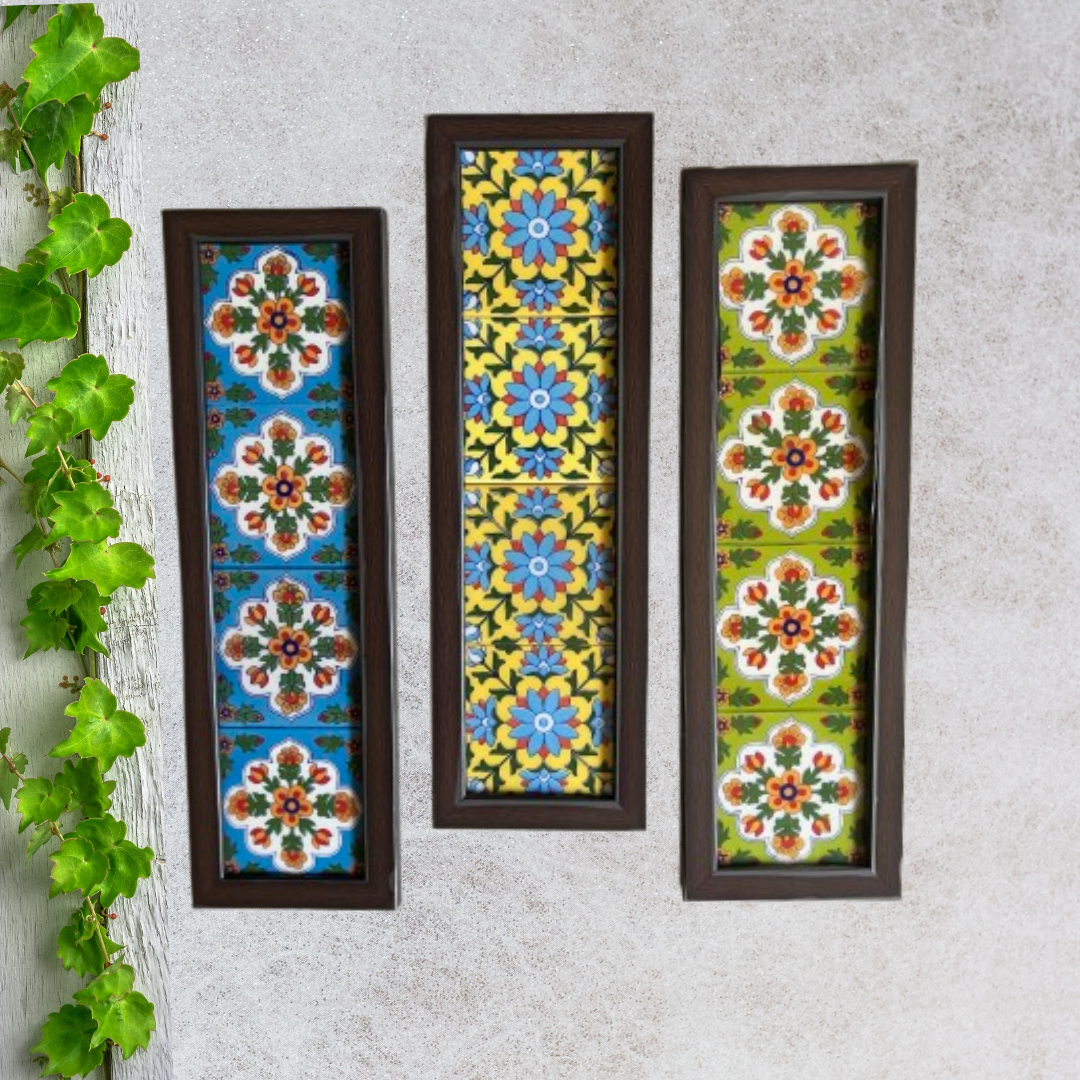 Handpainted  bluepottery tiles wooden like wall frame in a set of three.