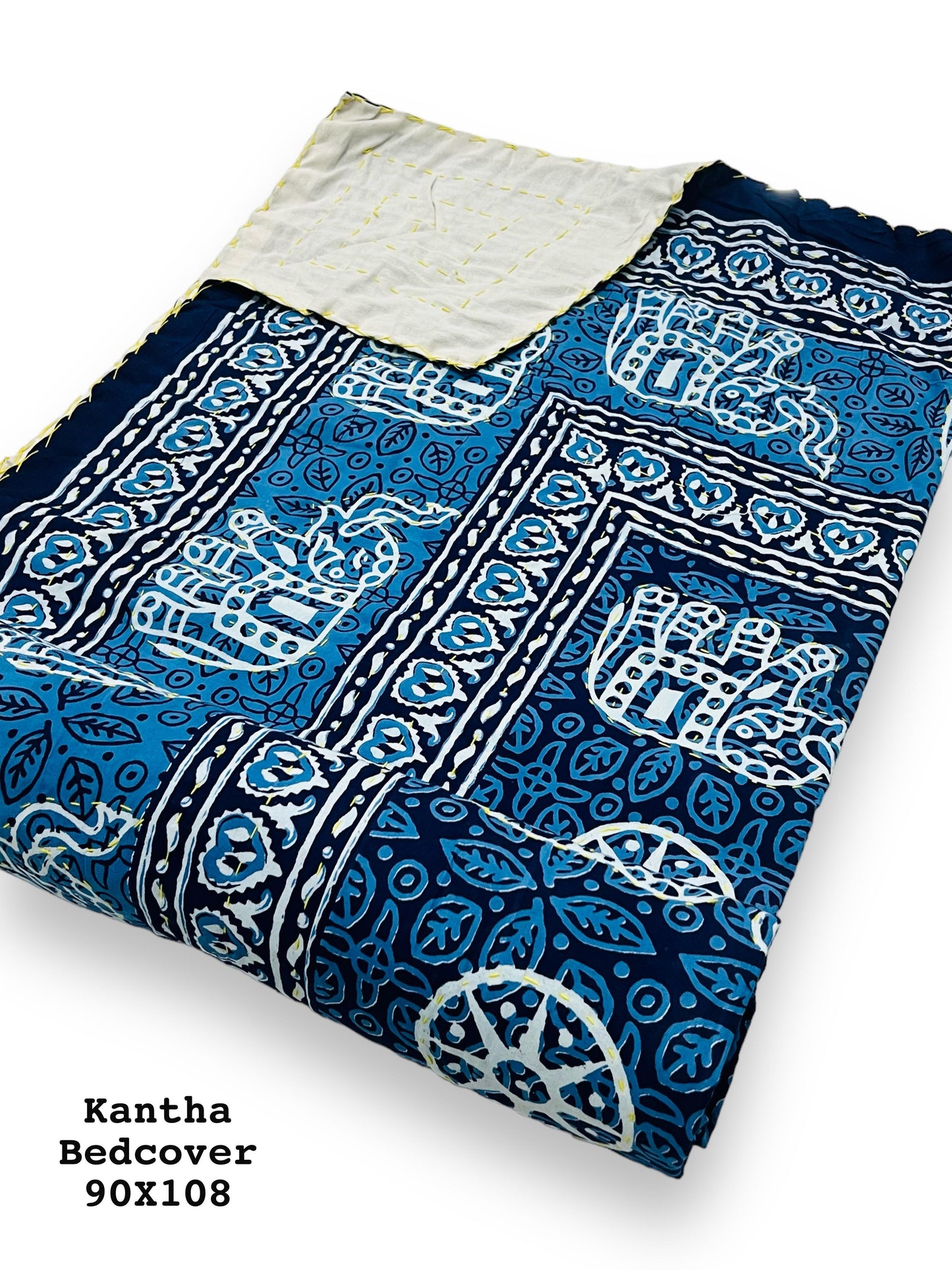 Pure Cotton Indian Jaipuri Printed King Size Kantha Work Quilt - Blue elephant