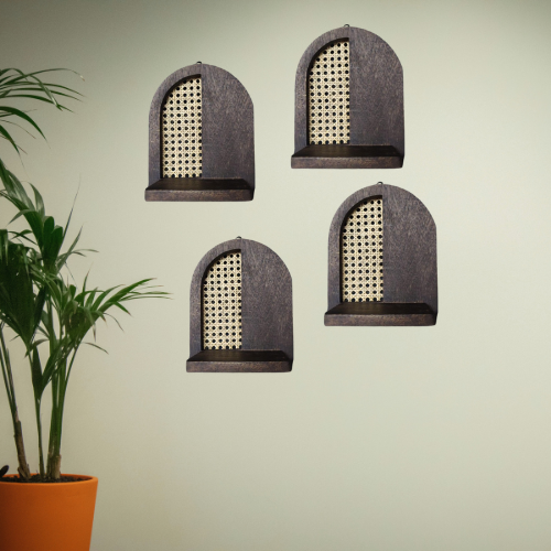 Wooden Wall Frames with Rattan Work - Dark Brown - Set of 4