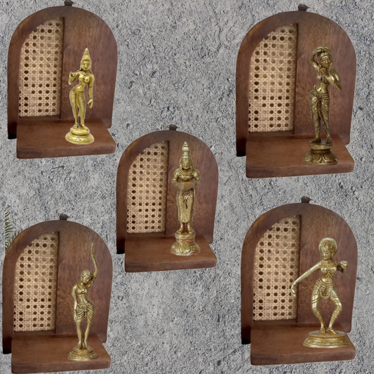 Handcrafted Set of 5 Wooden Wall Frames with Rattan Work & Brass Apsara Sculptures
