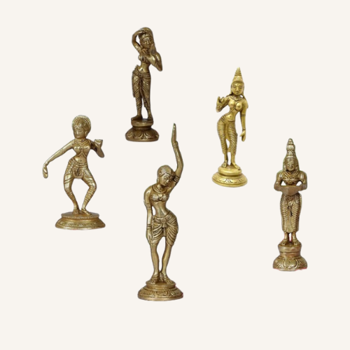 Handcrafted Set of 5 Wooden Wall Frames with Rattan Work & Brass Apsara Sculptures