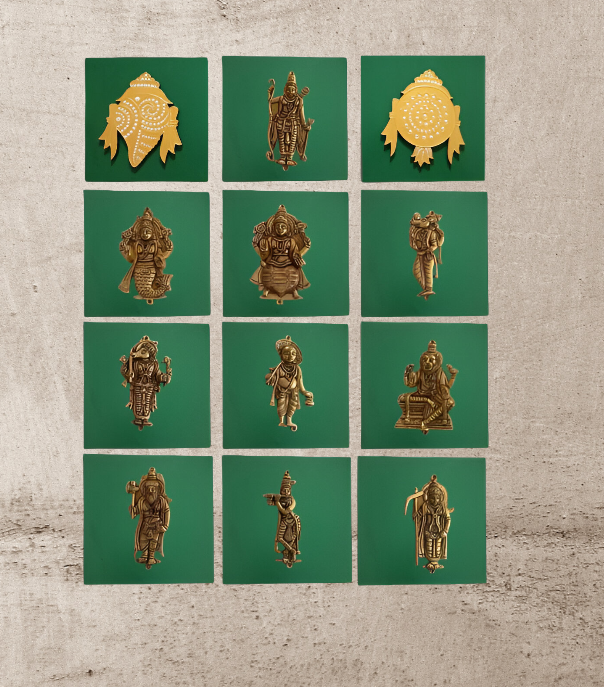 Handpainted Wooden Wall Decor Set – Dashavatar Brass Frames (Set of 12)