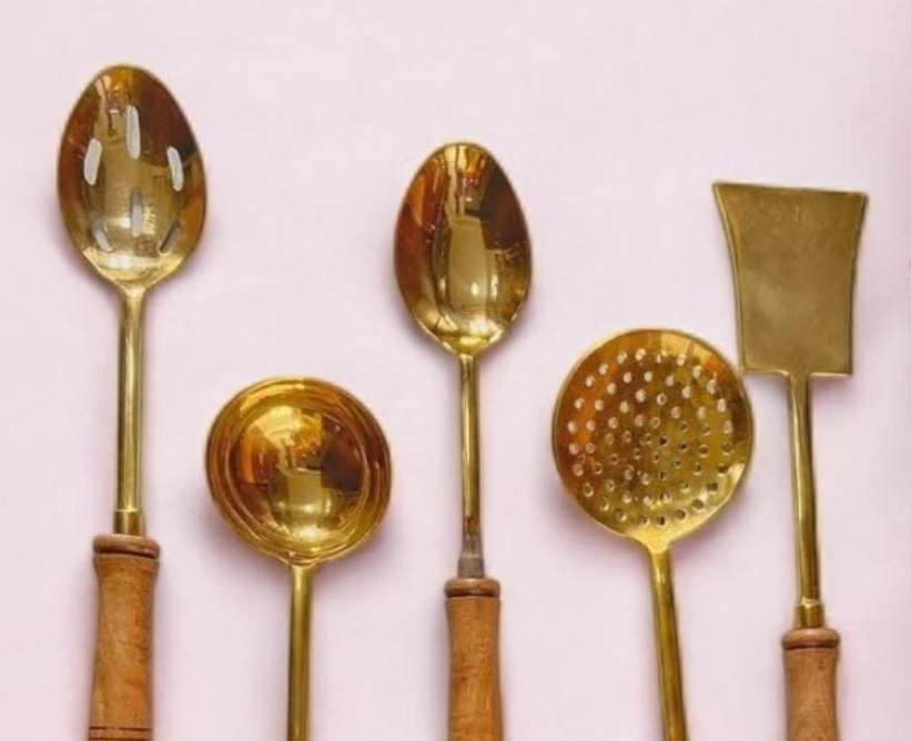 Brass Ladle Set of 5 – Handcrafted Cooking Utensils with Mango Wood Handles