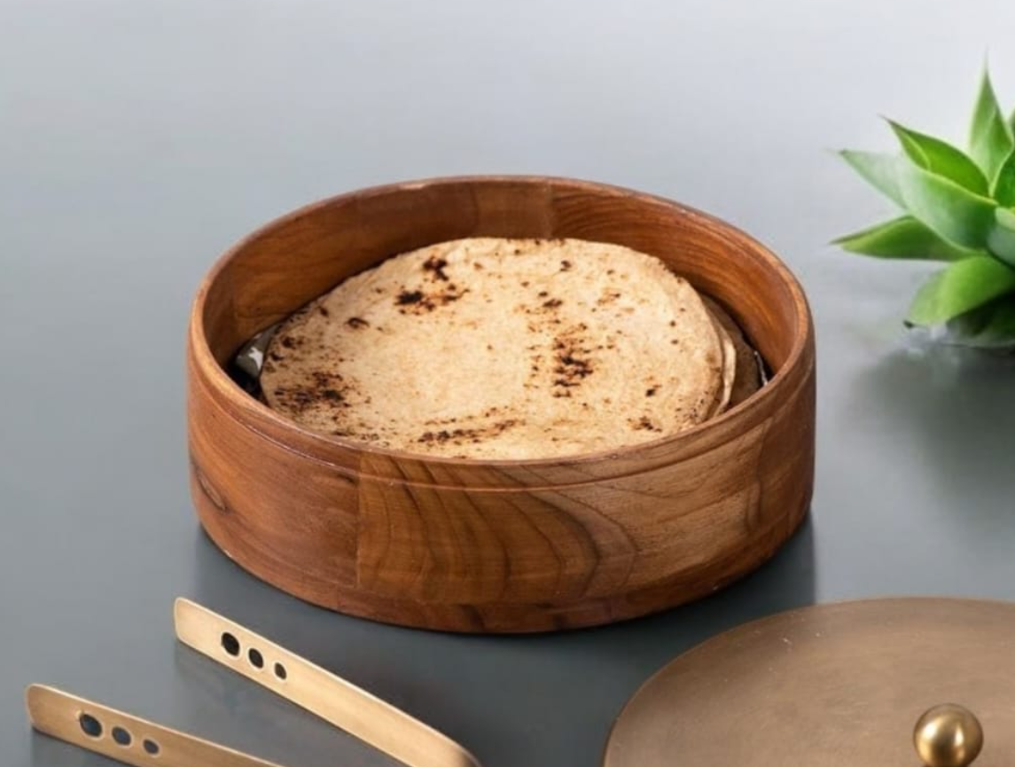 Wooden roti box  - teak wood base with steel lid