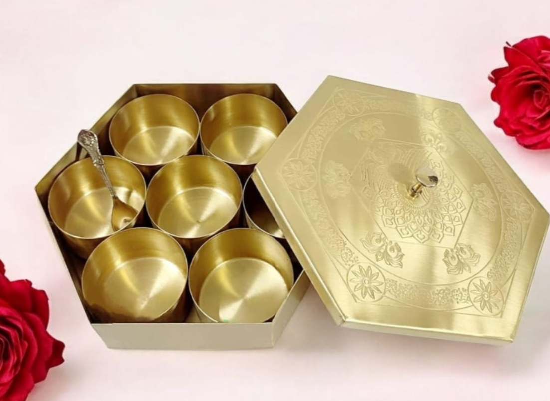 Hexagon Brass masala box