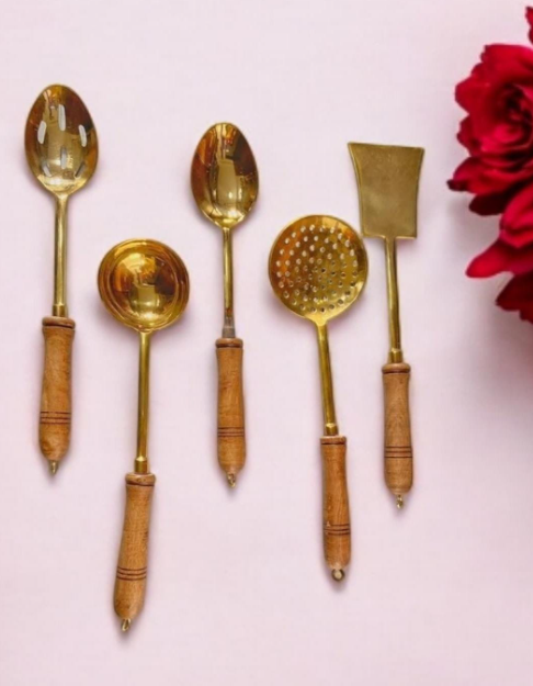 Brass Ladle Set of 5 – Handcrafted Cooking Utensils with Mango Wood Handles