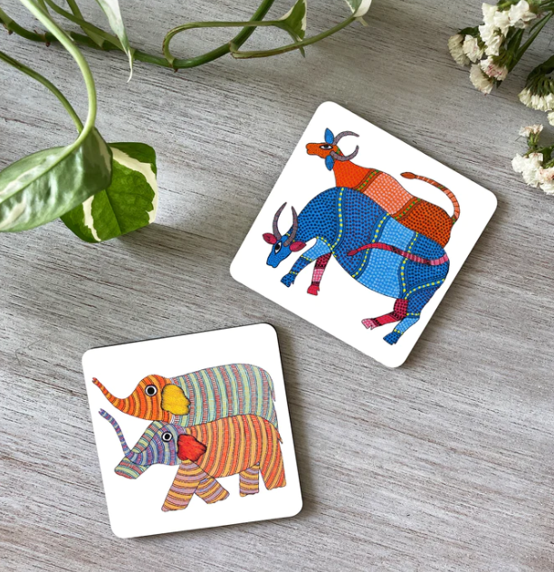 Set of 2 Coasters - Gond Art - Elephants and Cows
