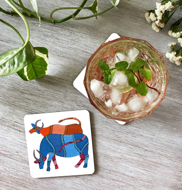 Set of 2 Coasters - Gond Art - Elephants and Cows
