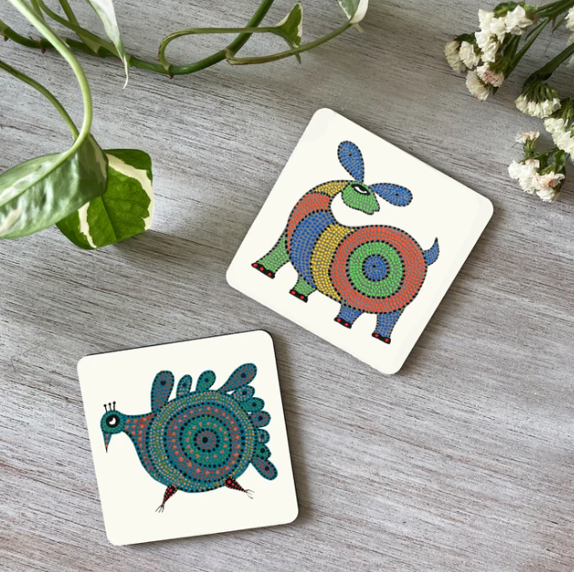 Set of 2 Coasters - Bhil Art - Bird and Deer