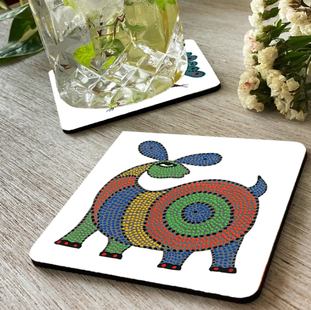 Set of 2 Coasters - Bhil Art - Bird and Deer