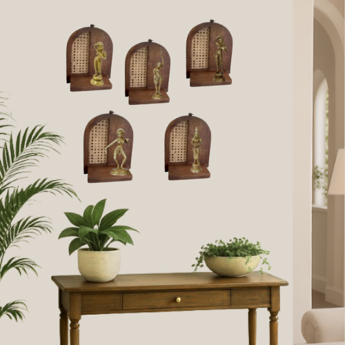 Handcrafted Set of 5 Wooden Wall Frames with Rattan Work & Brass Apsara Sculptures