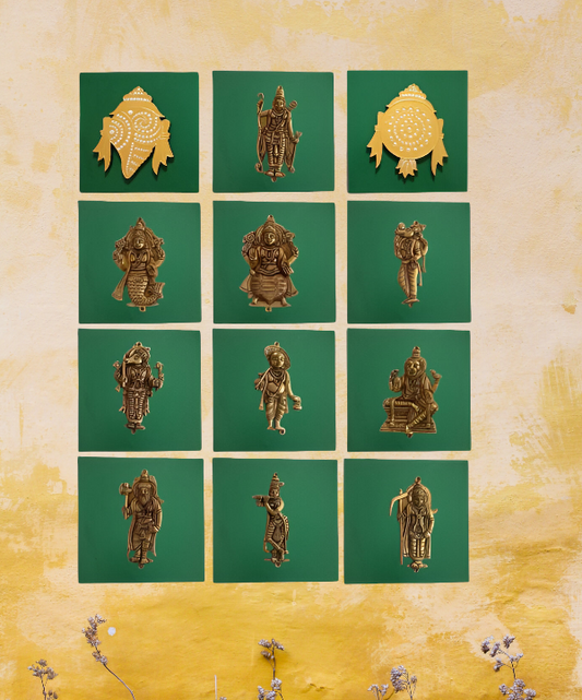 Handpainted Wooden Wall Decor Set – Dashavatar Brass Frames (Set of 12)