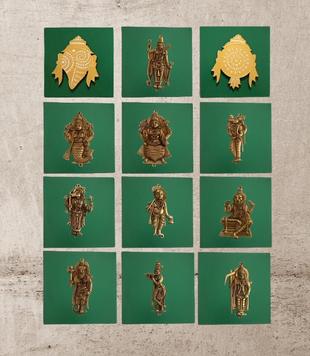 Handpainted Wooden Wall Decor Set – Dashavatar Brass Frames (Set of 12)