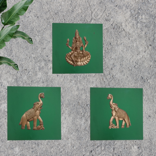 Three decorative wall art pieces on green cards with a gray textured background