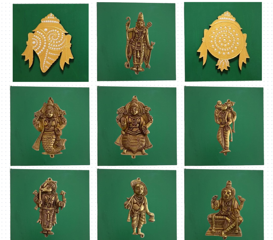 Handpainted Wooden Wall Decor Set – Dashavatar Brass Frames (Set of 12)