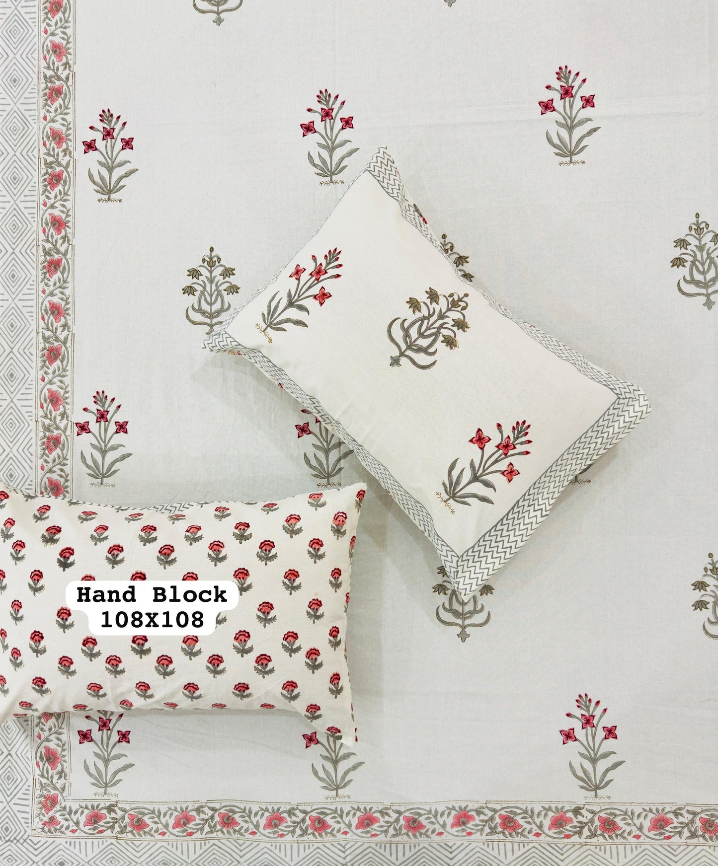 King Size Block Print Bed Linen with 2 pillow covers - Red Floral