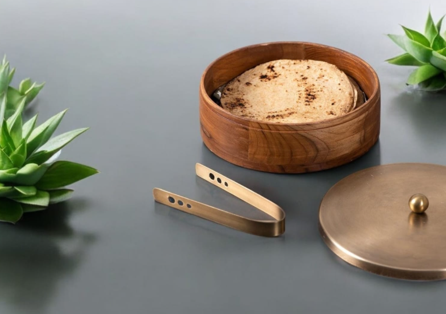 Wooden roti box  - teak wood base with steel lid