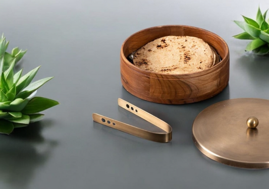 Wooden roti box  - teak wood base with steel lid