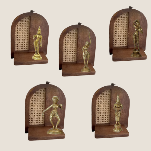 Handcrafted Set of 5 Wooden Wall Frames with Rattan Work & Brass Apsara Sculptures