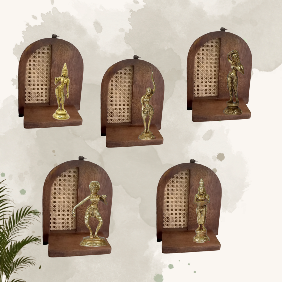 Handcrafted Set of 5 Wooden Wall Frames with Rattan Work & Brass Apsara Sculptures