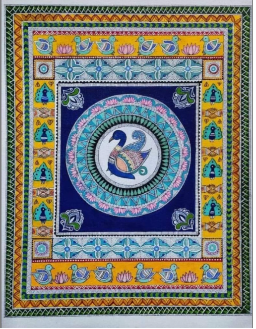 HandPainted art work on GSM paper - Madhubani art in blue Peacock