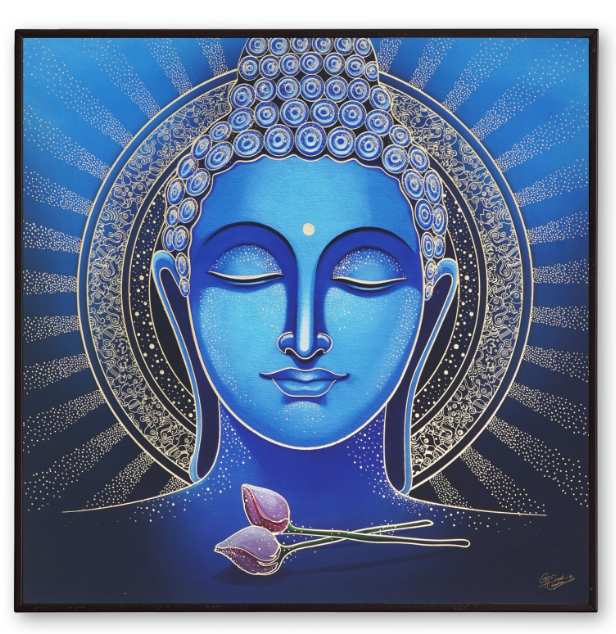 Handcrafted Blue Buddha Wall Painting For Living Room Home Decoration , Paintings For Wall With frame