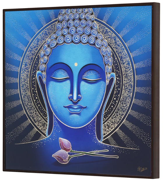 Handcrafted Blue Buddha Wall Painting For Living Room Home Decoration , Paintings For Wall With frame