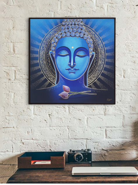 Handcrafted Blue Buddha Wall Painting For Living Room Home Decoration , Paintings For Wall With frame