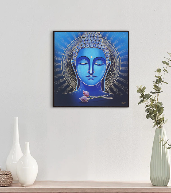 Handcrafted Blue Buddha Wall Painting For Living Room Home Decoration