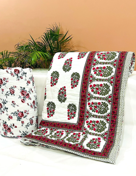 Indian Block Print King Size Reversible Hand Quilted Comforter in Red