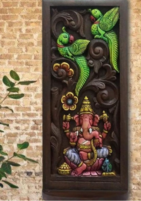 Wooden Wall hanging with intricate carvings of Lord Ganesha