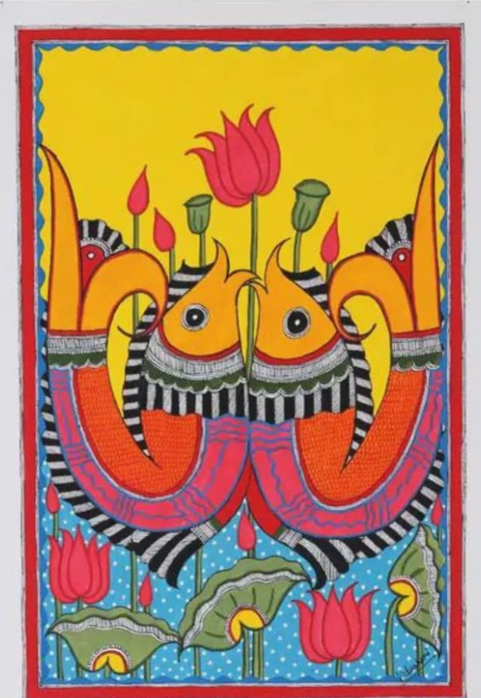 Madhubani art work on GSM paper - 2 Fishes with yellow background