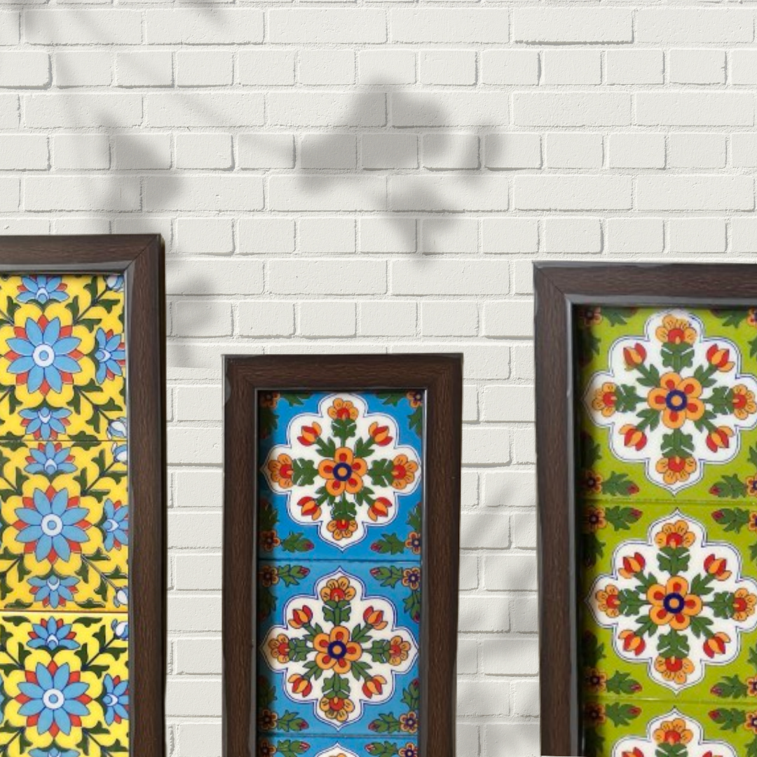 Handpainted  bluepottery tiles wooden like wall frame in a set of three.