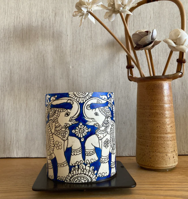 Tholu Bomalatta elephant art inspired blue and white tea light lamp