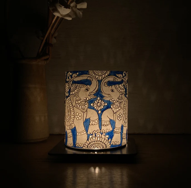 Tholu Bomalatta art inspired blue and white tea light lamp